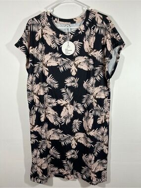 Black Tee Dress with Blush Palm Print